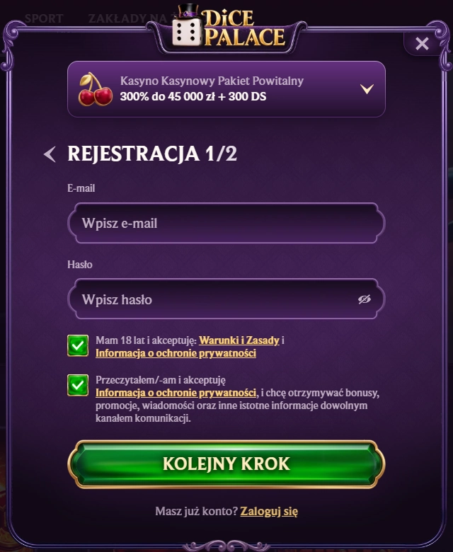 Rejestracja krok 1 e-mail i hasło