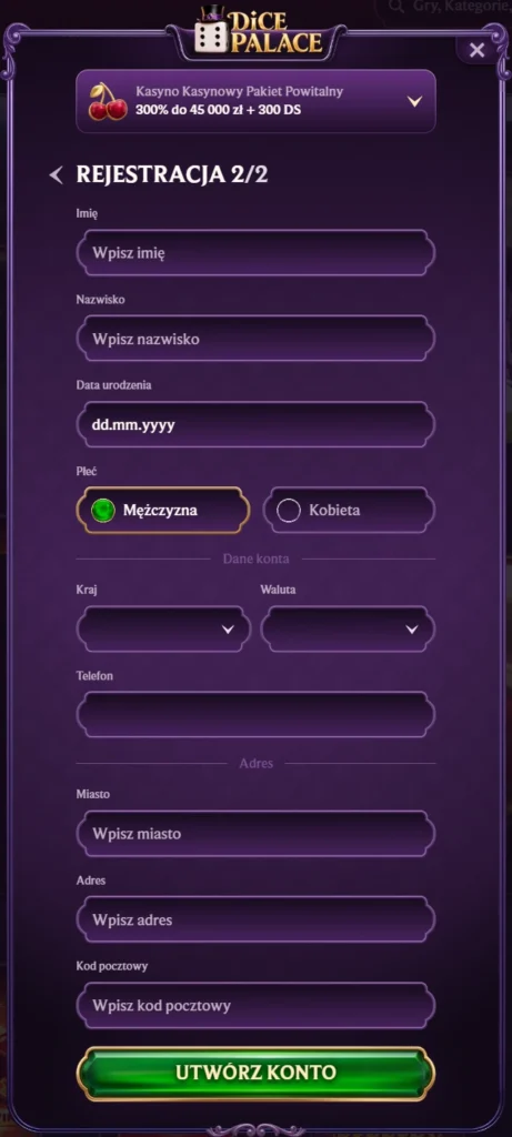 Rejestracja krok 2 imię, adres i telefon