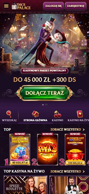 Dice Palace strona główna mobilna 45 000 zł 300 DS