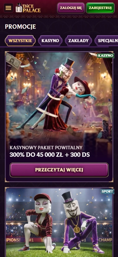 Dice Palace promocje mobilne pakiet powitalny 45 000 zł