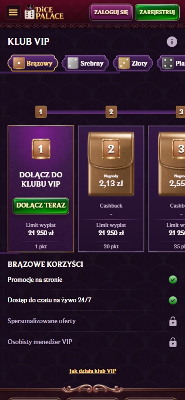 Dice Palace mobilny Klub VIP poziom brązowy